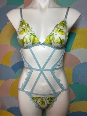 Victorias Secret Light Blue Lemon Embroidered Strappy Lingerie Set